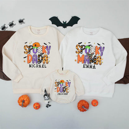 Personalized Spooky Dada Sweatshirt: Retro Halloween Family Matching Outfit with Custom Name, Playful Ghost & Pumpkin Design, Spooky Season Sweater 138