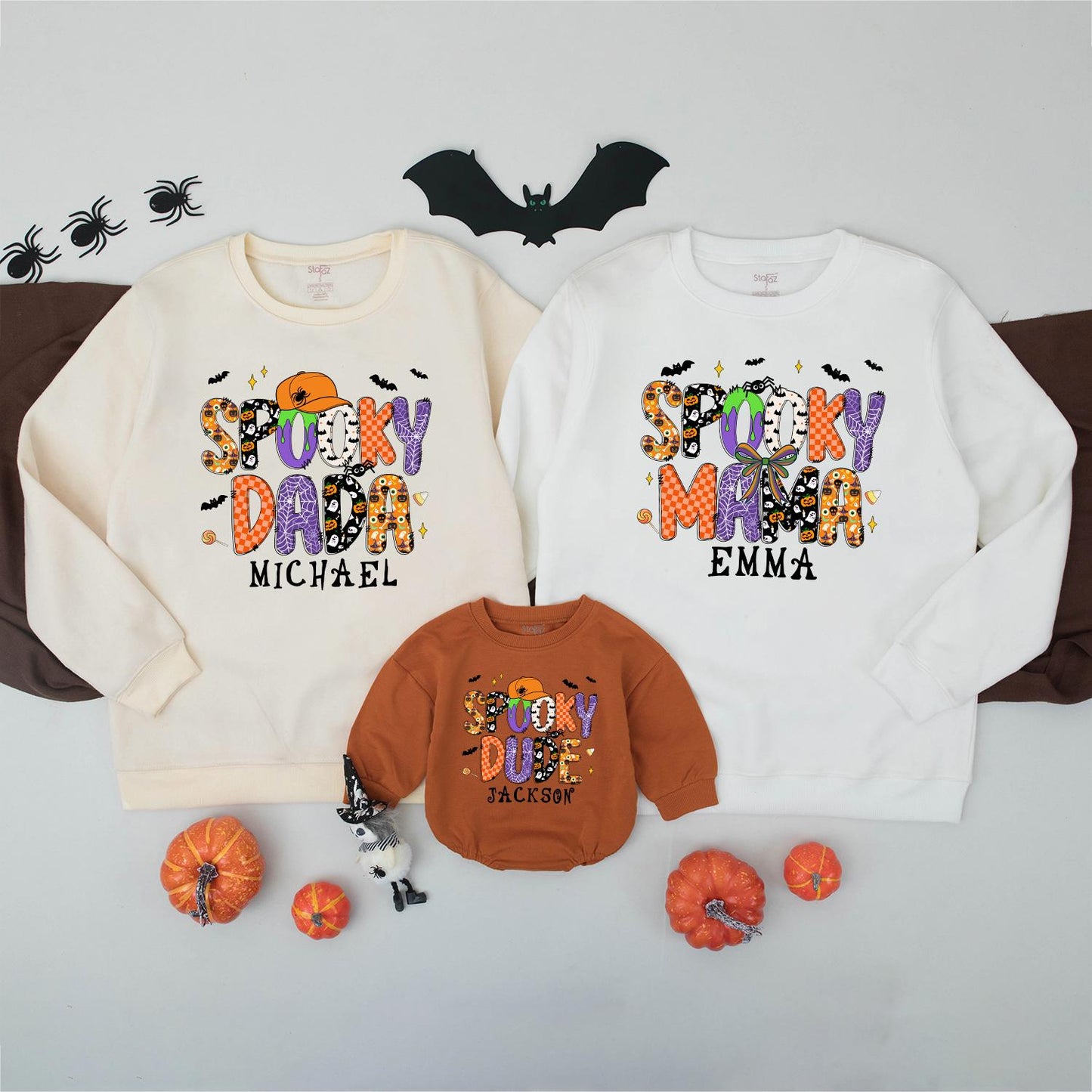 Personalized Spooky Dada Sweatshirt: Retro Halloween Family Matching Outfit with Custom Name, Playful Ghost & Pumpkin Design, Spooky Season Sweater 138