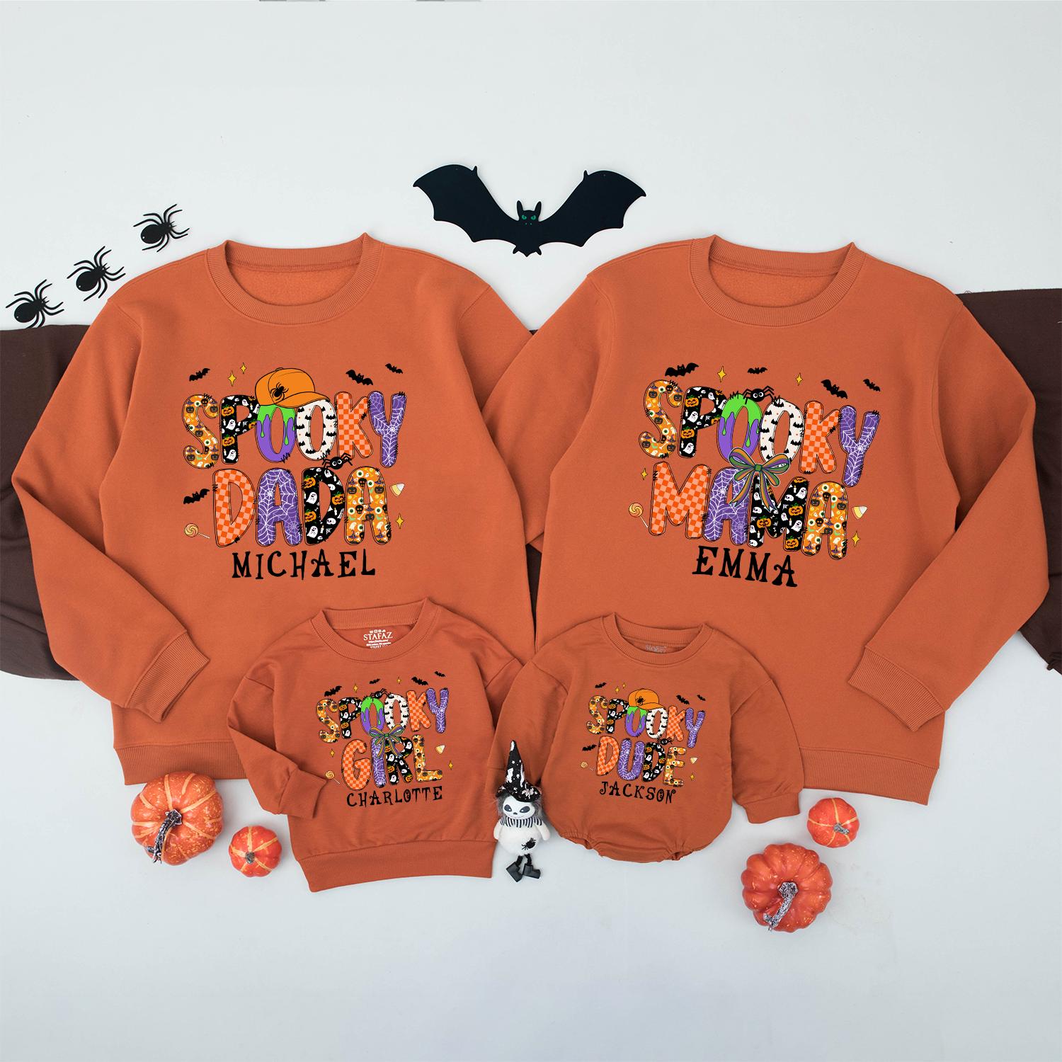 Personalized Spooky Dada Sweatshirt: Retro Halloween Family Matching Outfit with Custom Name, Playful Ghost & Pumpkin Design, Spooky Season Sweater 138