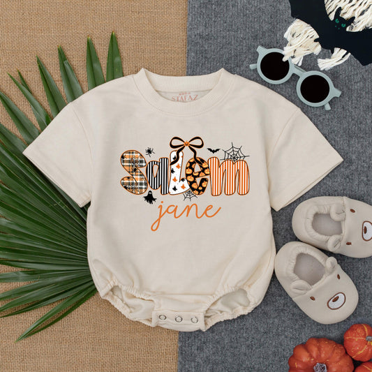 Personalized Spooktacular Halloween Baby Girl Bubble Romper with Custom Name Jane Patterned Letters Spiders Ghosts Bats Pumpkins