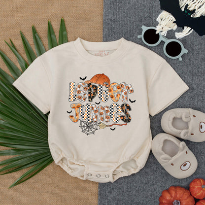 Personalized Halloween Boy Bubble Romper First Halloween Baby Custom Name Spooky Checkered Pumpkin Bat Spiderweb Outfit with Orange Cap Fun Festive Gift