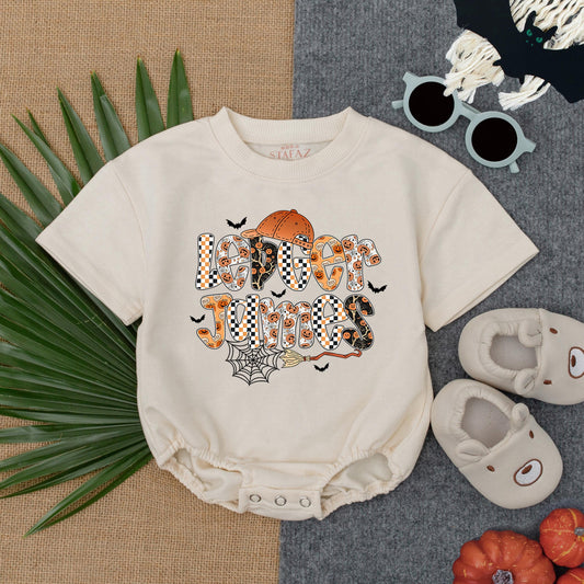 Personalized Halloween Boy Bubble Romper First Halloween Baby Custom Name Spooky Checkered Pumpkin Bat Spiderweb Outfit with Orange Cap Fun Festive Gift