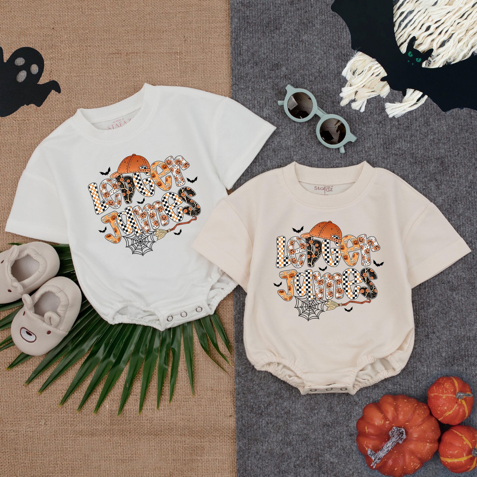 Personalized Halloween Boy Bubble Romper First Halloween Baby Custom Name Spooky Checkered Pumpkin Bat Spiderweb Outfit with Orange Cap Fun Festive Gift