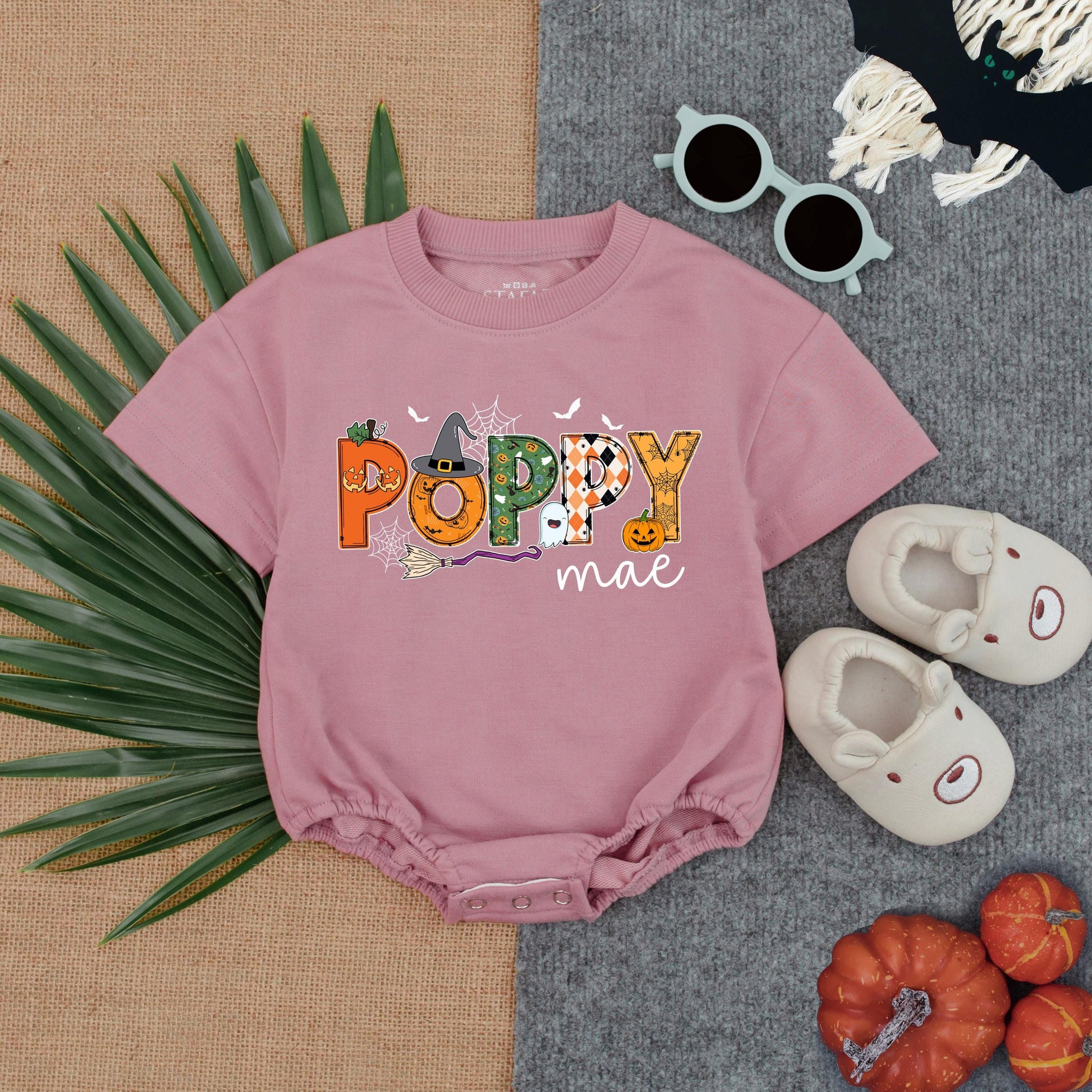 Personalized Amelia Jane Halloween Bubble Romper Baby Girl First Spooky Season Outfit Custom Name Pumpkin Ghost Bat Witch Hat Toddler