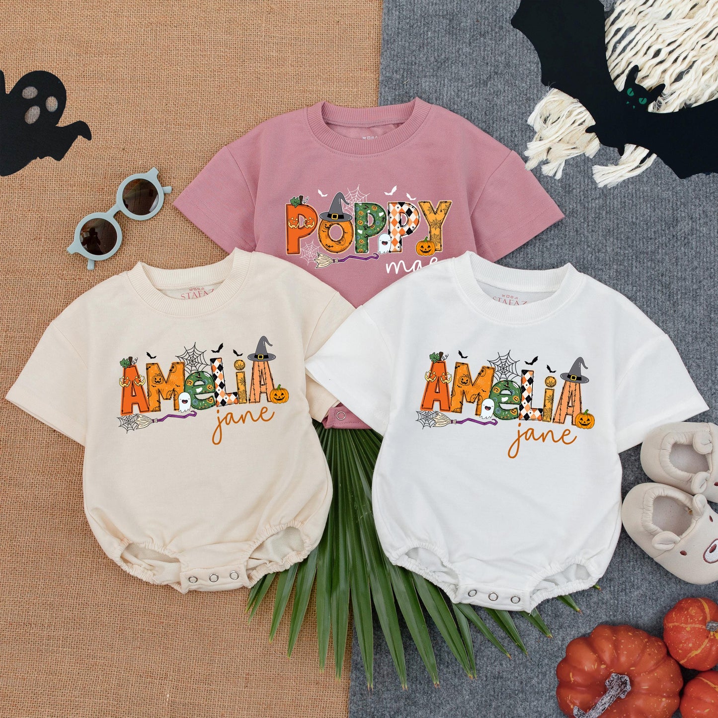 Personalized Amelia Jane Halloween Bubble Romper Baby Girl First Spooky Season Outfit Custom Name Pumpkin Ghost Bat Witch Hat Toddler
