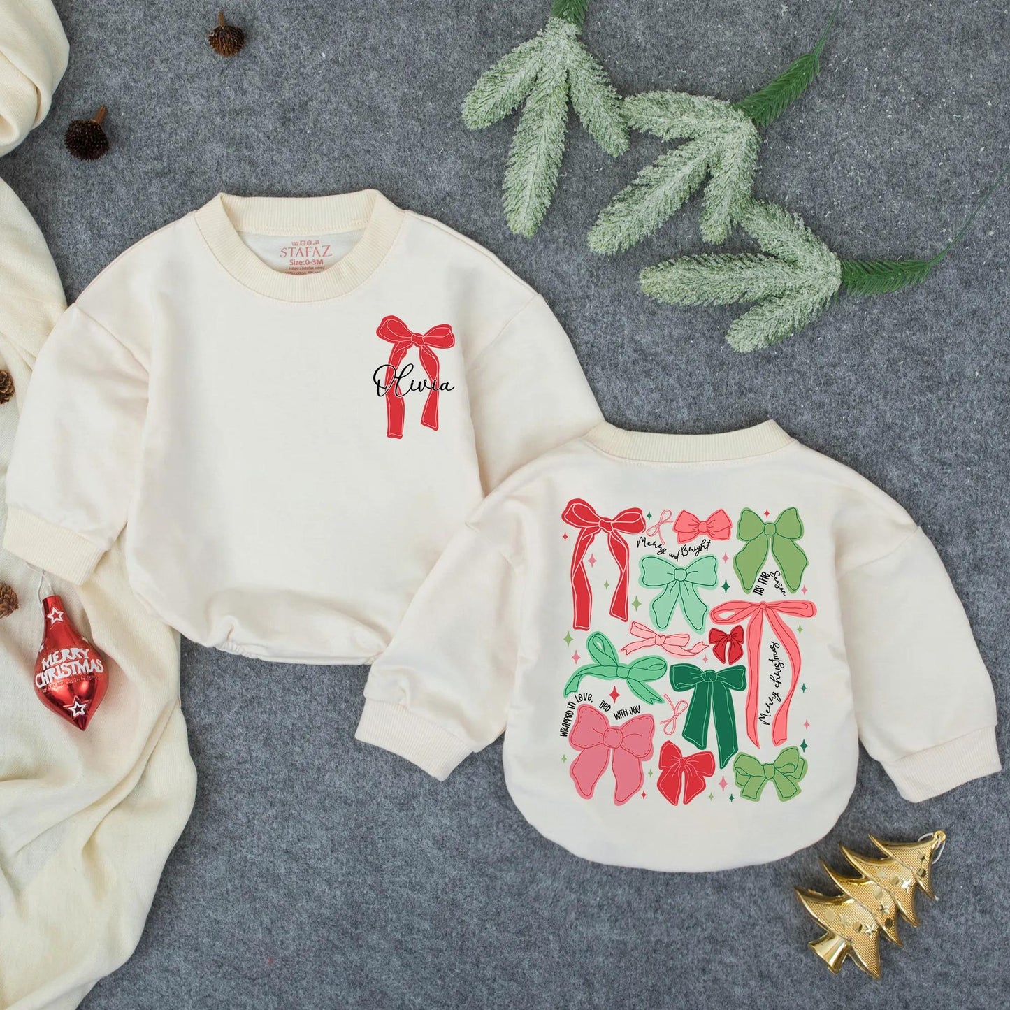 Personalized Christmas Bow Romper, Olivia's First Xmas Outfit, Festive Holiday Baby Girl Clothes, Playful Bows Bodysuit, Winter Gift, Baby Shower 138 chars