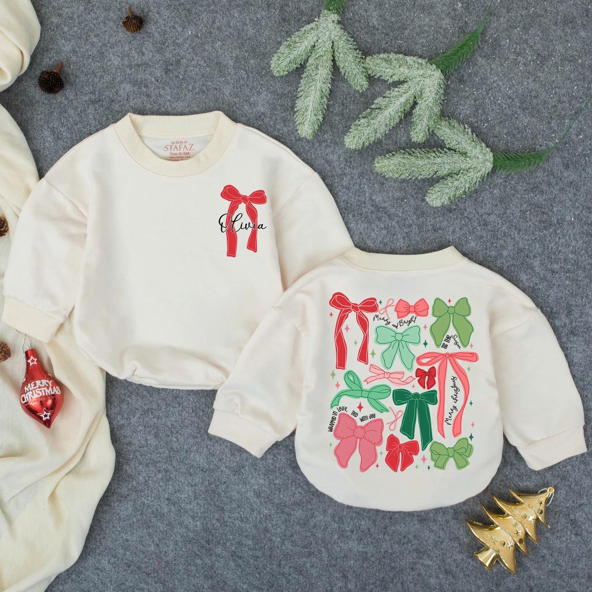 Personalized Christmas Bow Romper, Olivia's First Xmas Outfit, Festive Holiday Baby Girl Clothes, Playful Bows Bodysuit, Winter Gift, Baby Shower 138 chars
