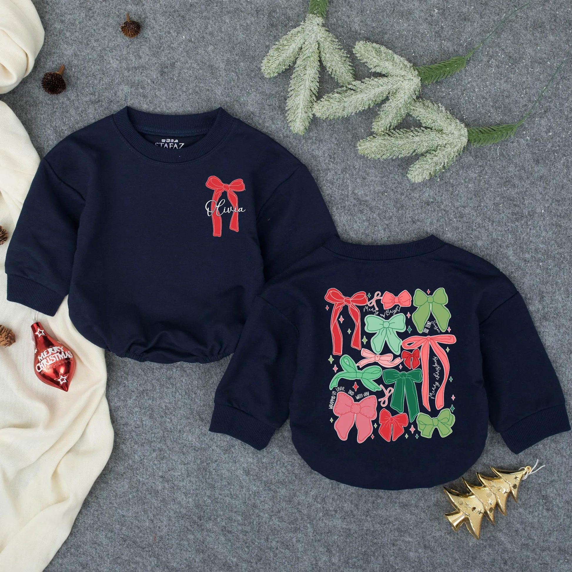 Personalized Christmas Bow Romper, Olivia's First Xmas Outfit, Festive Holiday Baby Girl Clothes, Playful Bows Bodysuit, Winter Gift, Baby Shower 138 chars