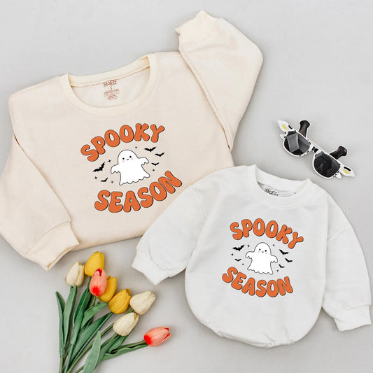 Cute Ghost Spooky Season Shirt Mommy Baby Matching Retro Orange Halloween Fall Toddler Infant First Spooky Season Outfit