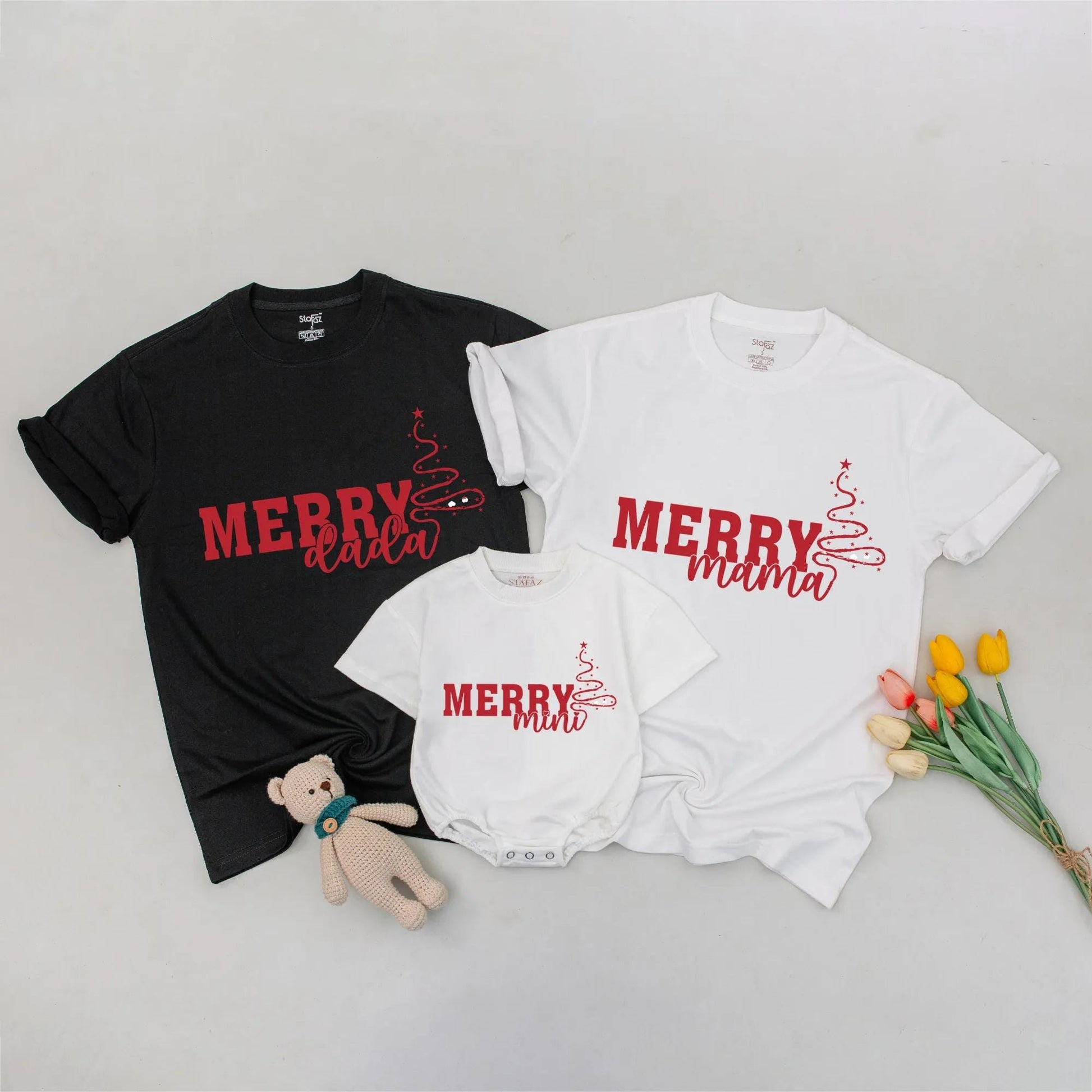 Merry Mama Dada Mini Matching Family Christmas Outfits Red Festive Tree Design Mommy and Me Sweaters for Holiday Celebrations