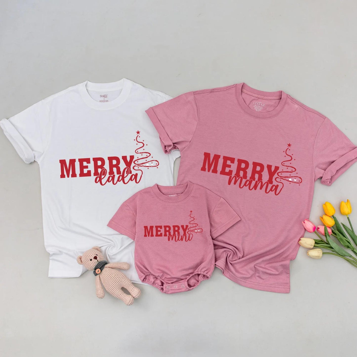 Merry Mama Dada Mini Matching Family Christmas Outfits Red Festive Tree Design Mommy and Me Sweaters for Holiday Celebrations