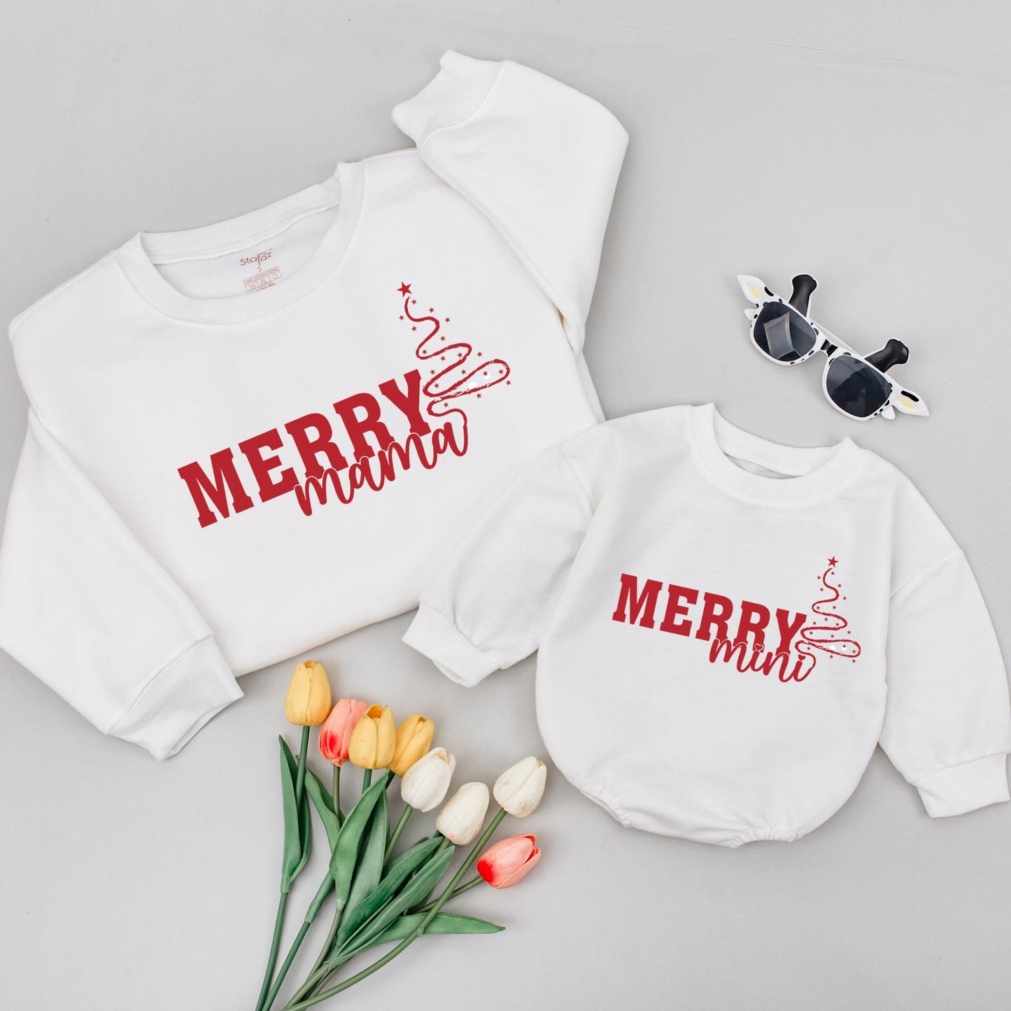 Merry Mama Dada Mini Matching Family Christmas Outfits Red Festive Tree Design Mommy and Me Sweaters for Holiday Celebrations