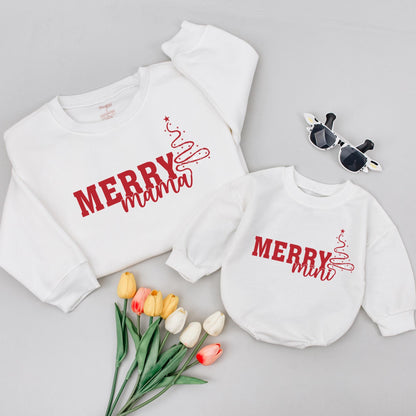 Merry Mama Dada Mini Matching Family Christmas Outfits Red Festive Tree Design Mommy and Me Sweaters for Holiday Celebrations