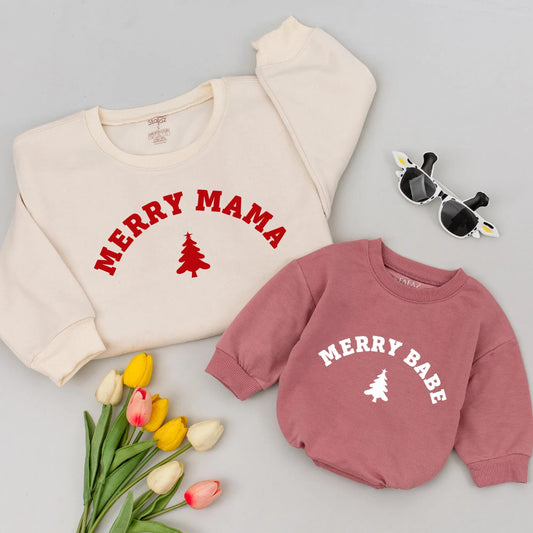 Merry Mama & Babe Christmas Shirts: Matching Mommy & Me Red Tree Holiday Sweatshirt Set, Family Xmas Gift