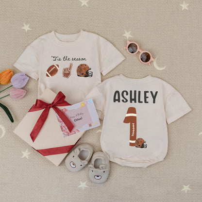 Custom Name and Number Tis the Season Football Baby Bubble Romper Retro Game Day Infant Sports Outfit Vintage Fall Touchdown Gift Idea