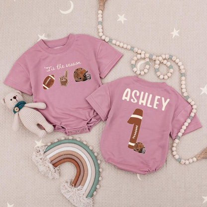 Custom Name and Number Tis the Season Football Baby Bubble Romper Retro Game Day Infant Sports Outfit Vintage Fall Touchdown Gift Idea