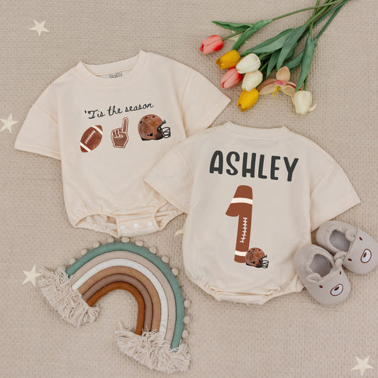 Custom Name and Number Tis the Season Football Baby Bubble Romper Retro Game Day Infant Sports Outfit Vintage Fall Touchdown Gift Idea
