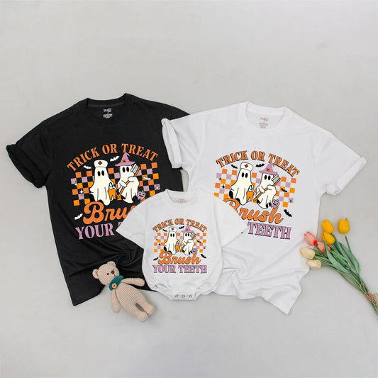 Funny Halloween Baby Shirt Trick or Treat Brush Your Teeth Cute Ghost Design Mommy and Me Matching Outfit