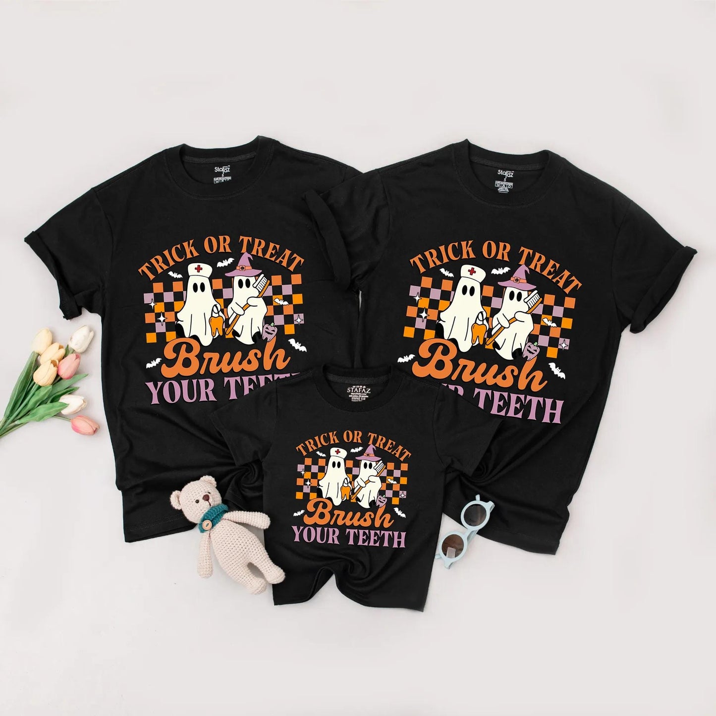 Funny Halloween Baby Shirt Trick or Treat Brush Your Teeth Cute Ghost Design Mommy and Me Matching Outfit
