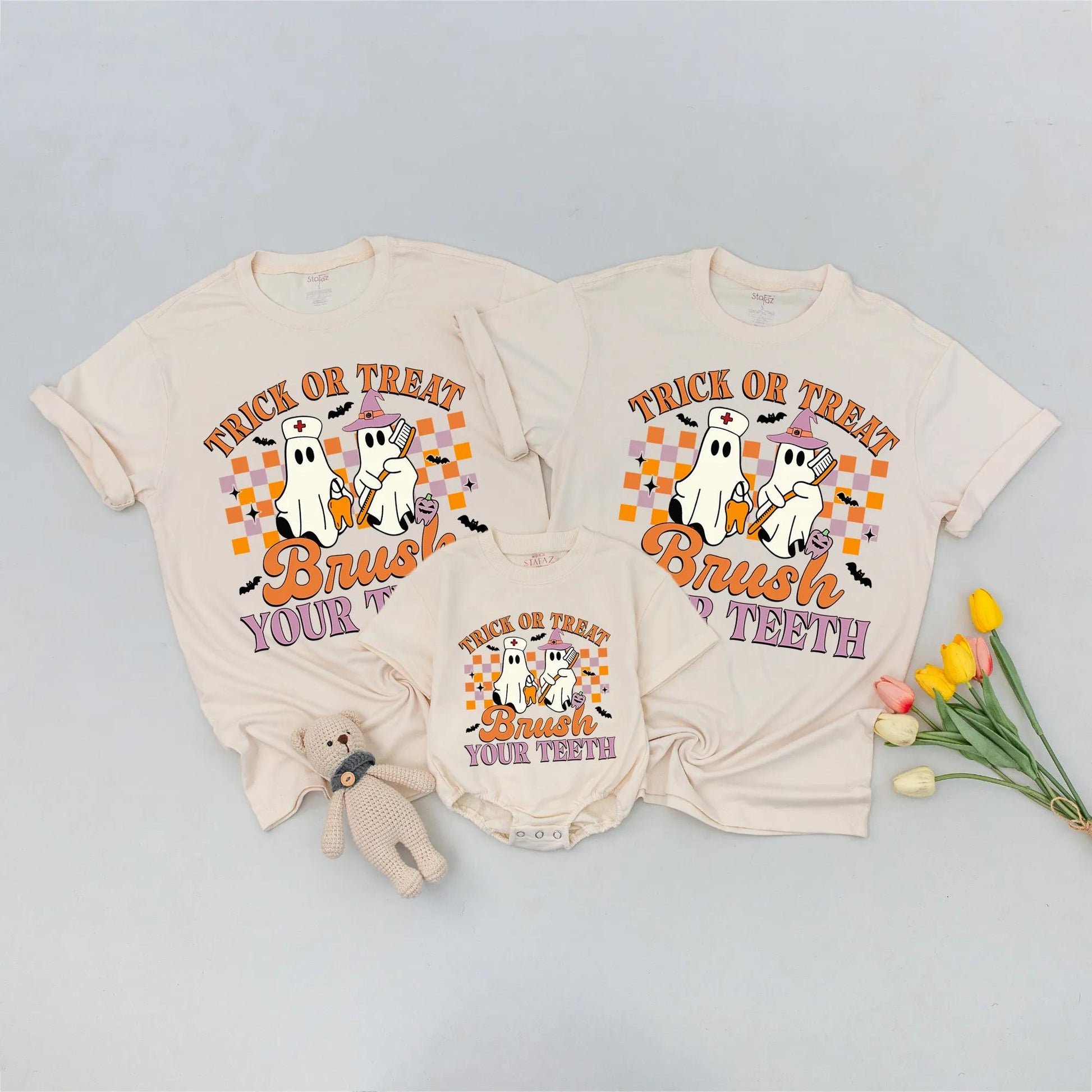 Funny Halloween Baby Shirt Trick or Treat Brush Your Teeth Cute Ghost Design Mommy and Me Matching Outfit
