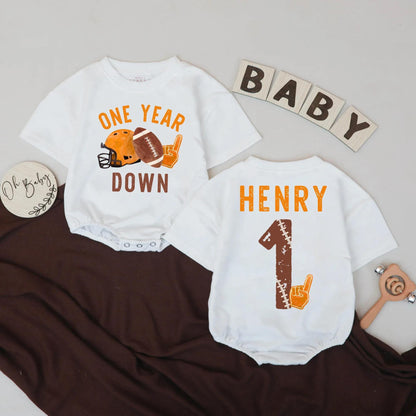 Custom One Year Down Football Romper for Baby Boy: Personalized Name First Birthday Outfit, Game Day Bodysuit, Sporty Gift