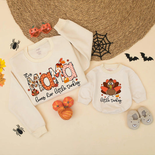 Matching Thanksgiving Family Shirts: This Mama Loves Her Little Turkey Fall Outfit Mom & Baby Gift, Turkey Graphic