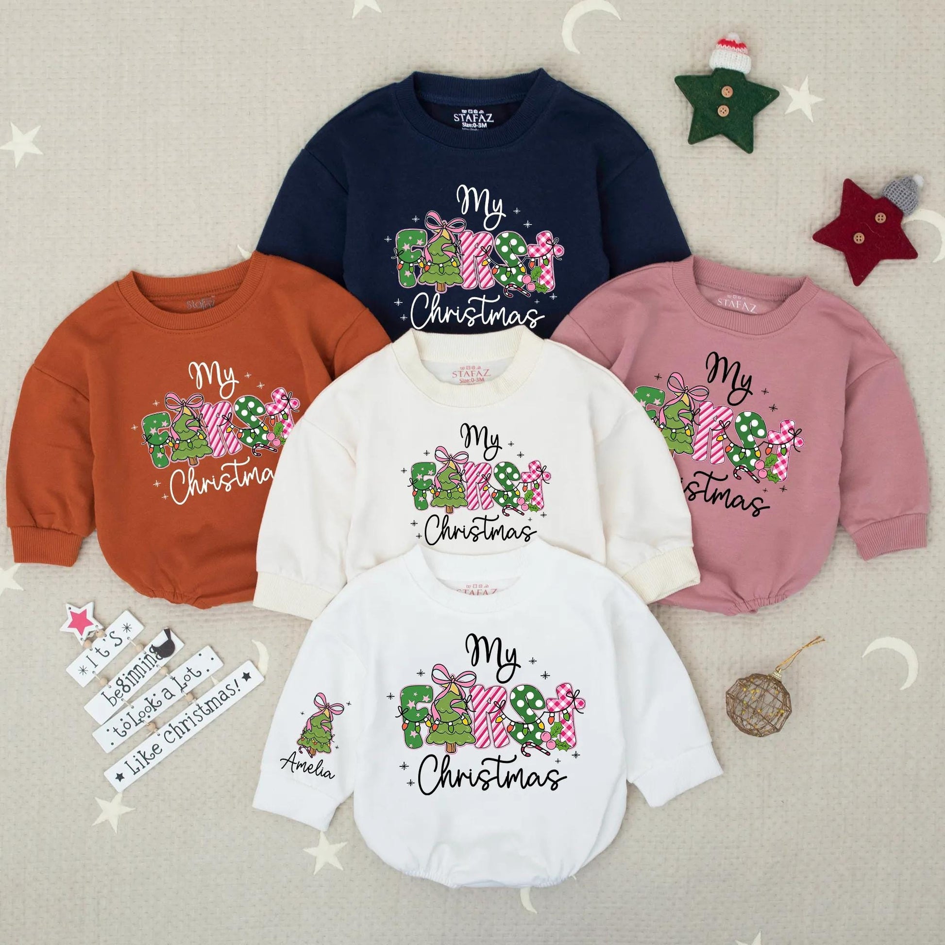 Amelia's First Christmas Baby Romper Girly Pink Green White Festive Lights Baby Girl Outfit Newborn Holiday Gift