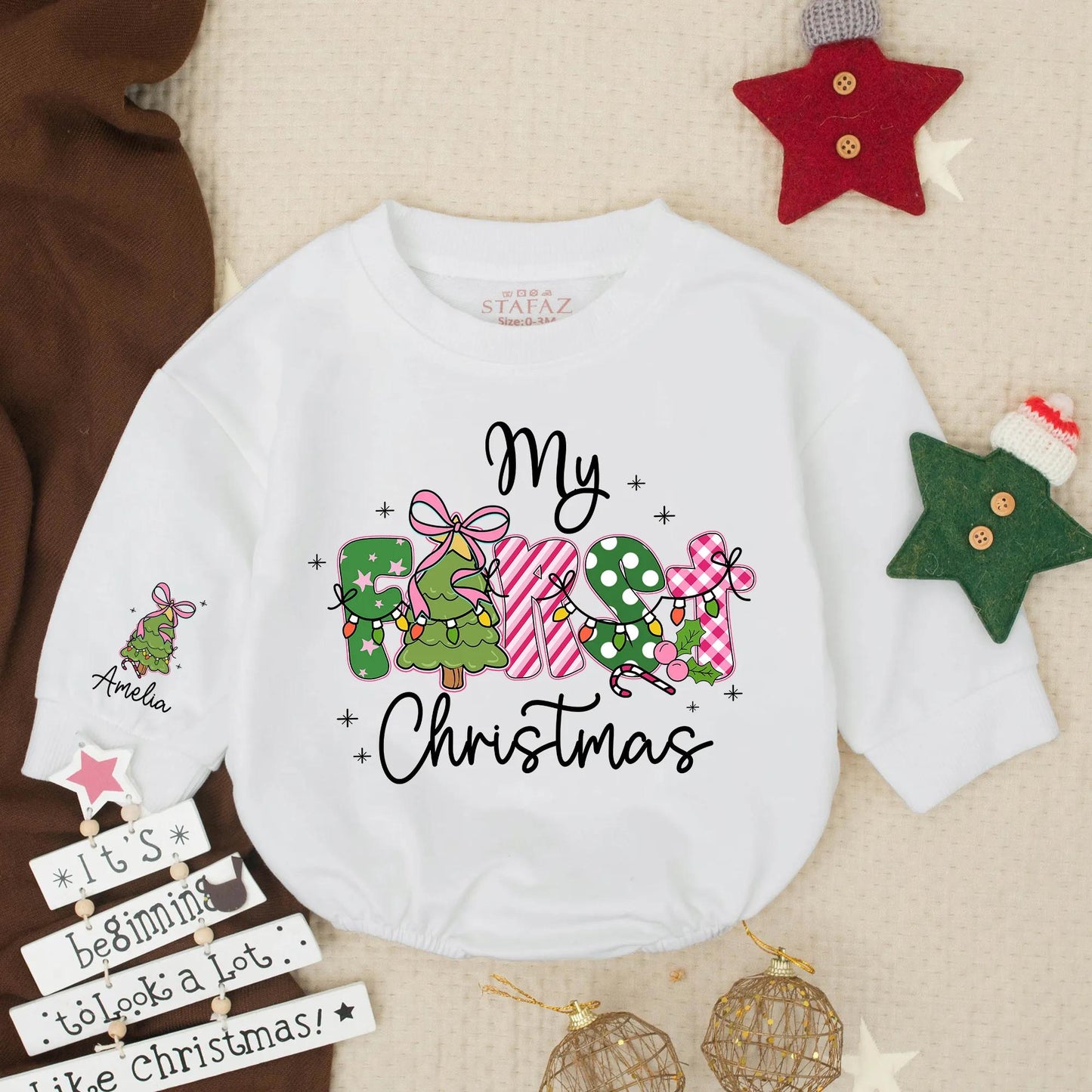 Amelia's First Christmas Baby Romper Girly Pink Green White Festive Lights Baby Girl Outfit Newborn Holiday Gift