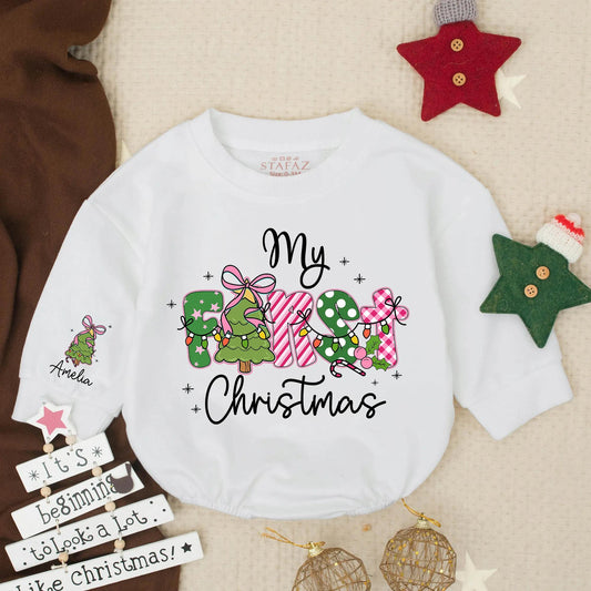 Amelia's First Christmas Baby Romper Girly Pink Green White Festive Lights Baby Girl Outfit Newborn Holiday Gift