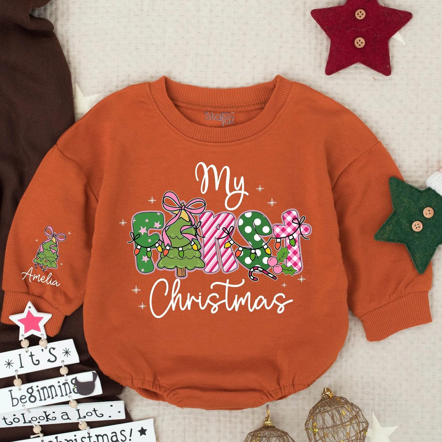 Amelia's First Christmas Baby Romper Girly Pink Green White Festive Lights Baby Girl Outfit Newborn Holiday Gift