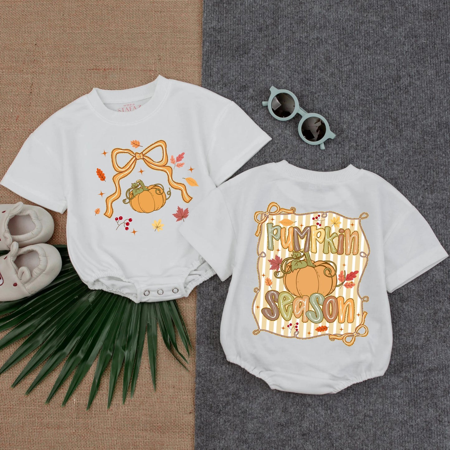 Pumpkin Season Baby Romper Golden Bow Berries Leaves Starbursts Festive Autumn Fall Vintage Baby Girl Outfit 1st Thanksgiving