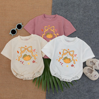 Pumpkin Season Baby Romper Golden Bow Berries Leaves Starbursts Festive Autumn Fall Vintage Baby Girl Outfit 1st Thanksgiving