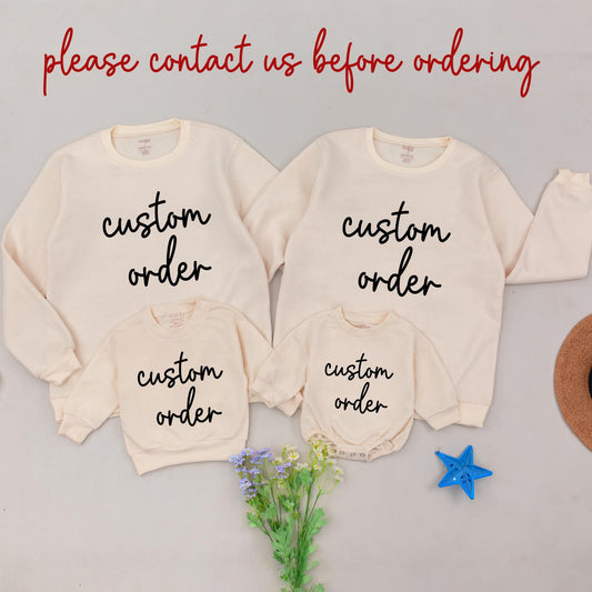 Custom Order Matching Family Sweatshirts & Baby Bodysuits with flowing black cursive text for Birthday, Pregnancy Announcement, Baby Shower Gifts