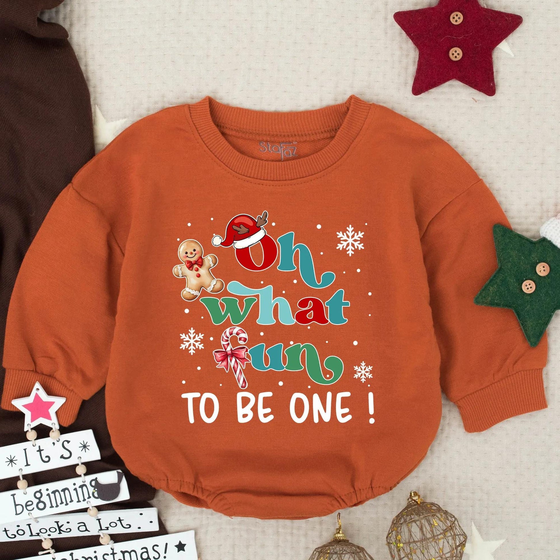 Oh What Fun To Be One! Baby's First Christmas Birthday Bubble Romper Festive Holiday Infant Toddler Outfit with Santa Hat Gingerbread Man Snowflakes Design