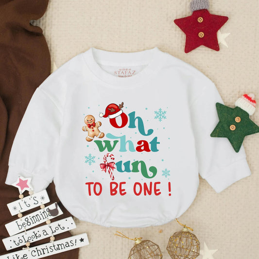 Oh What Fun To Be One! Baby's First Christmas Birthday Bubble Romper Festive Holiday Infant Toddler Outfit with Santa Hat Gingerbread Man Snowflakes Design
