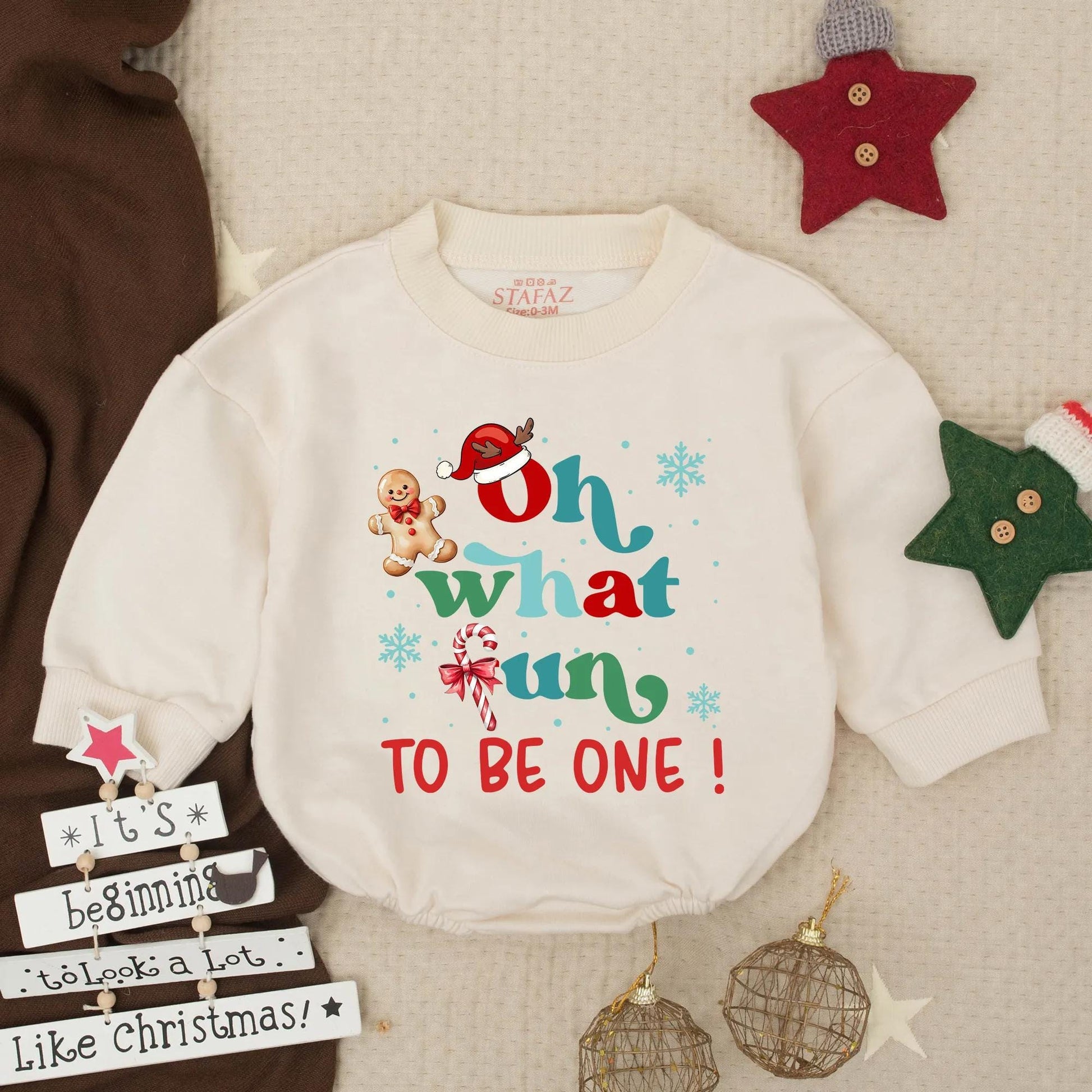 Oh What Fun To Be One! Baby's First Christmas Birthday Bubble Romper Festive Holiday Infant Toddler Outfit with Santa Hat Gingerbread Man Snowflakes Design