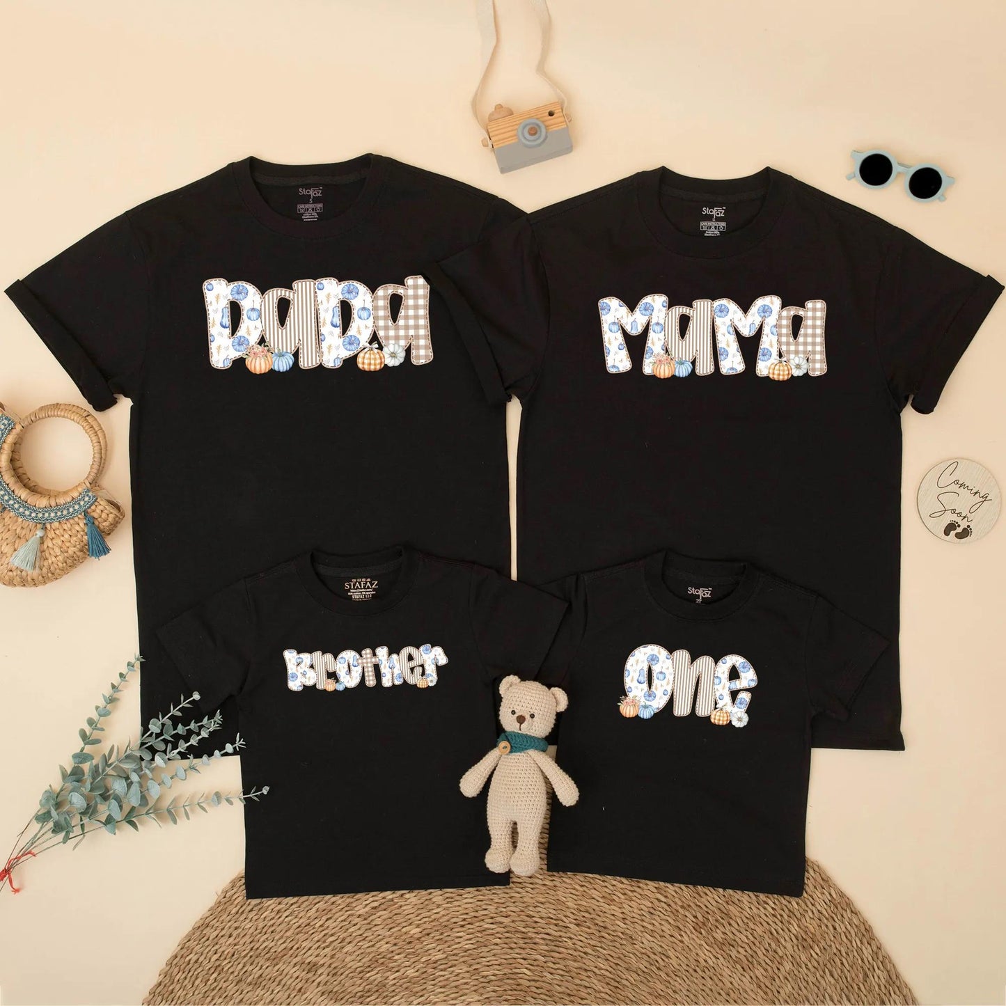 Fall Family Matching Shirts Dada Mama Brother One, Blue Orange Pumpkin Patch Thanksgiving Outfit, Baby's First Birthday Boy Gingham Floral Top (139 chars)