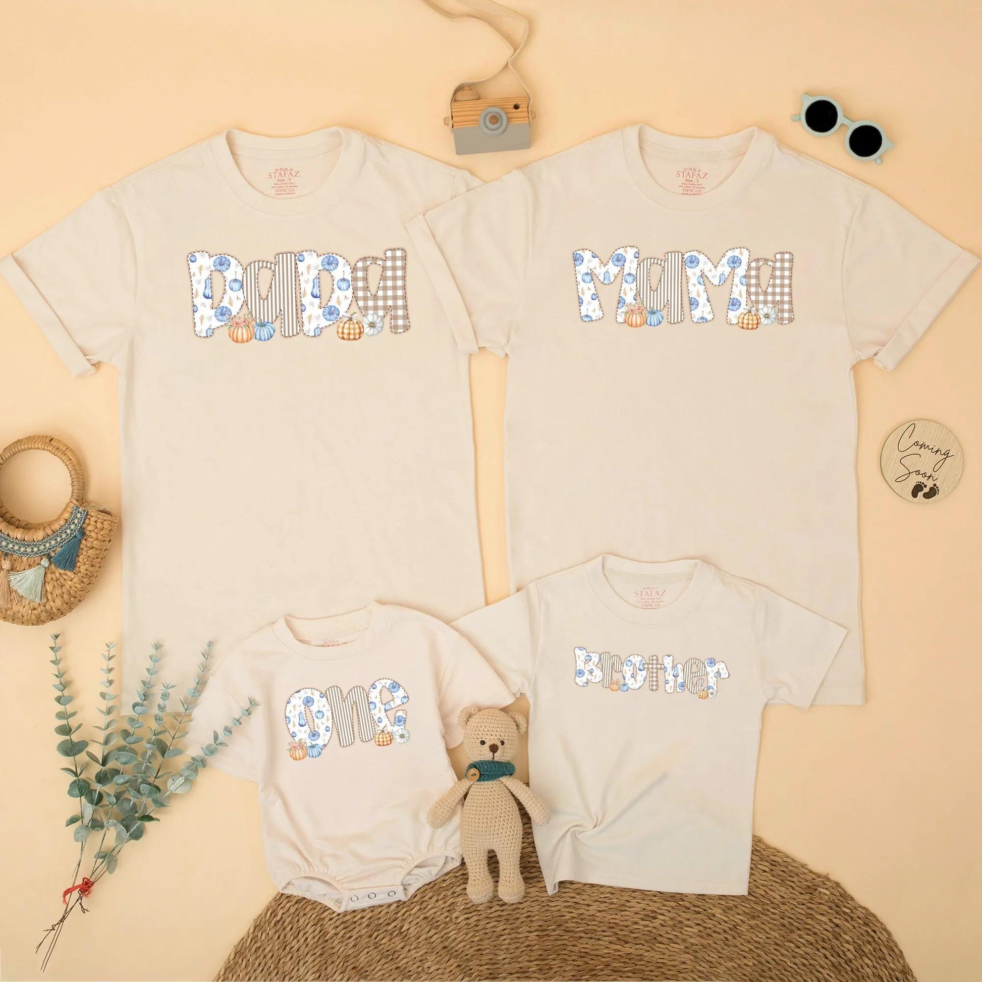 Fall Family Matching Shirts Dada Mama Brother One, Blue Orange Pumpkin Patch Thanksgiving Outfit, Baby's First Birthday Boy Gingham Floral Top (139 chars)