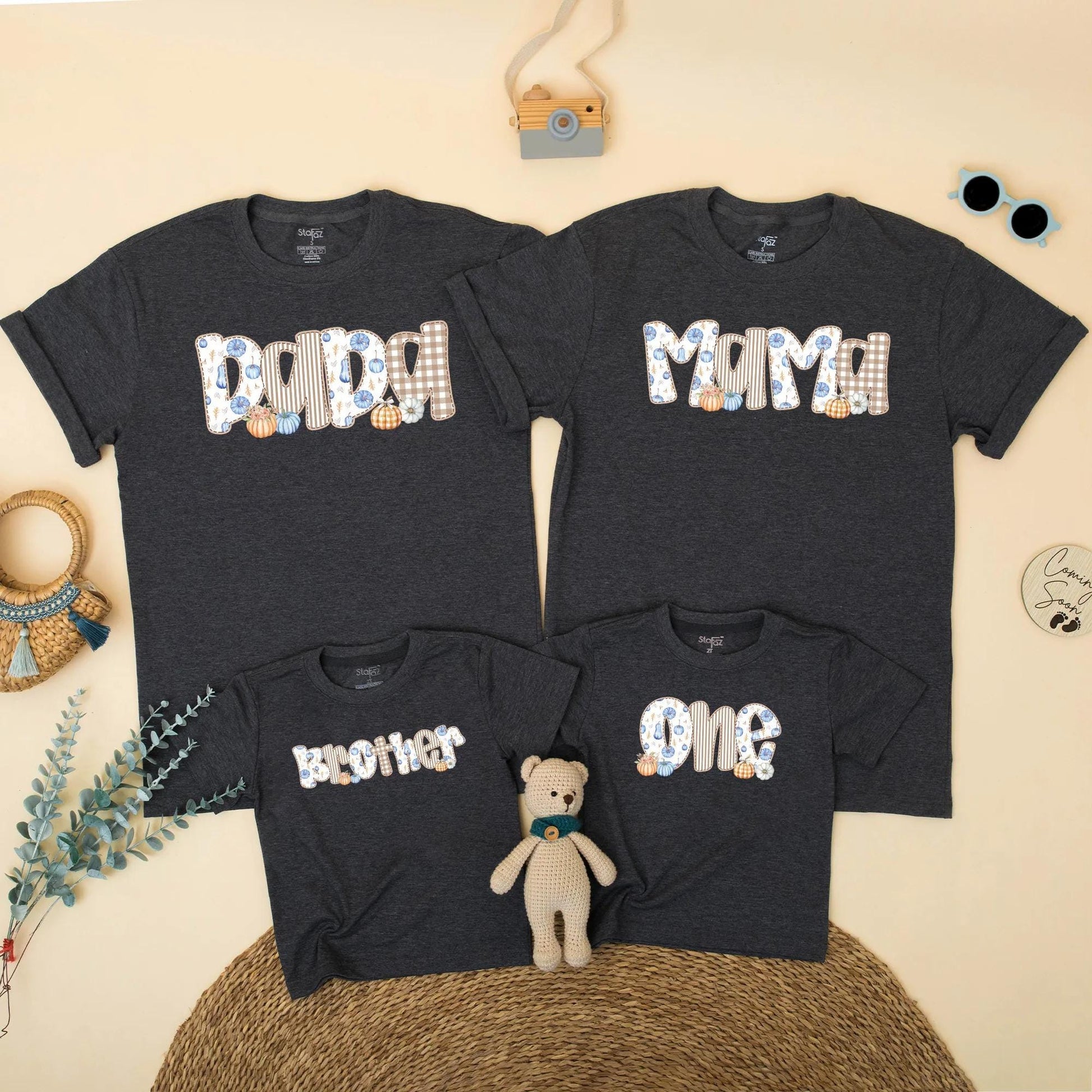 Fall Family Matching Shirts Dada Mama Brother One, Blue Orange Pumpkin Patch Thanksgiving Outfit, Baby's First Birthday Boy Gingham Floral Top (139 chars)