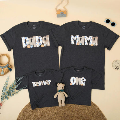 Fall Family Matching Shirts Dada Mama Brother One, Blue Orange Pumpkin Patch Thanksgiving Outfit, Baby's First Birthday Boy Gingham Floral Top (139 chars)