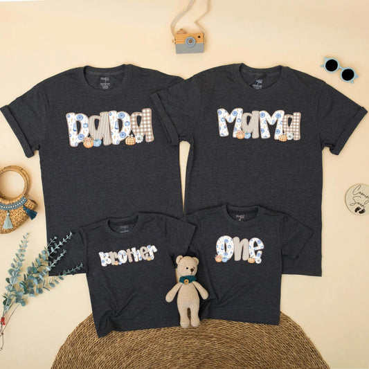 Fall Family Matching Shirts Dada Mama Brother One, Blue Orange Pumpkin Patch Thanksgiving Outfit, Baby's First Birthday Boy Gingham Floral Top (139 chars)