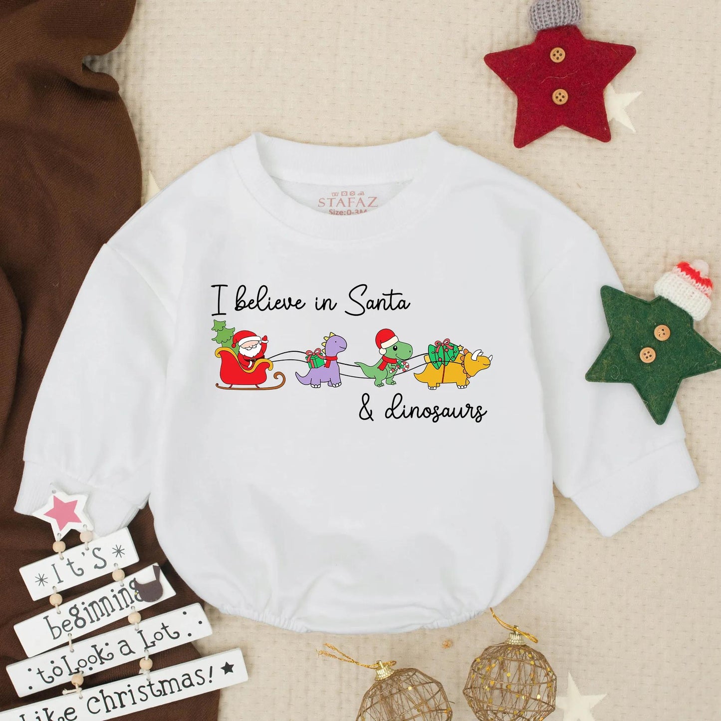 Santa Dinosaur Christmas Romper: I Believe! Funny Toddler Holiday Sweatshirt, Colorful Cartoon Santa Sleigh with Purple, Green & Yellow Dinos Gift Idea (138 chars)