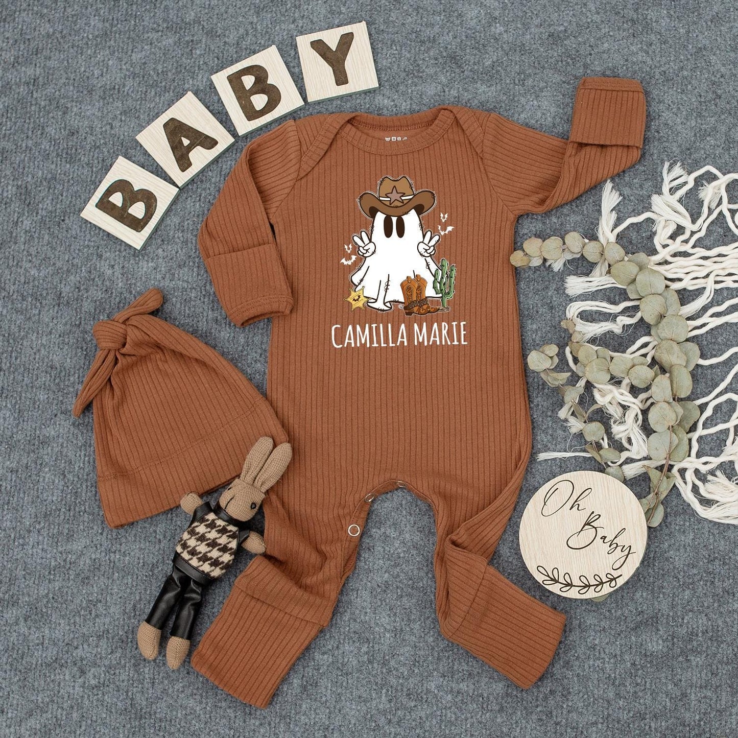Ghost Cowboy Baby Bodysuit Personalized Infant Romper Jackson Cowboy Ghost Halloween Baby Outfit Newborn Gift