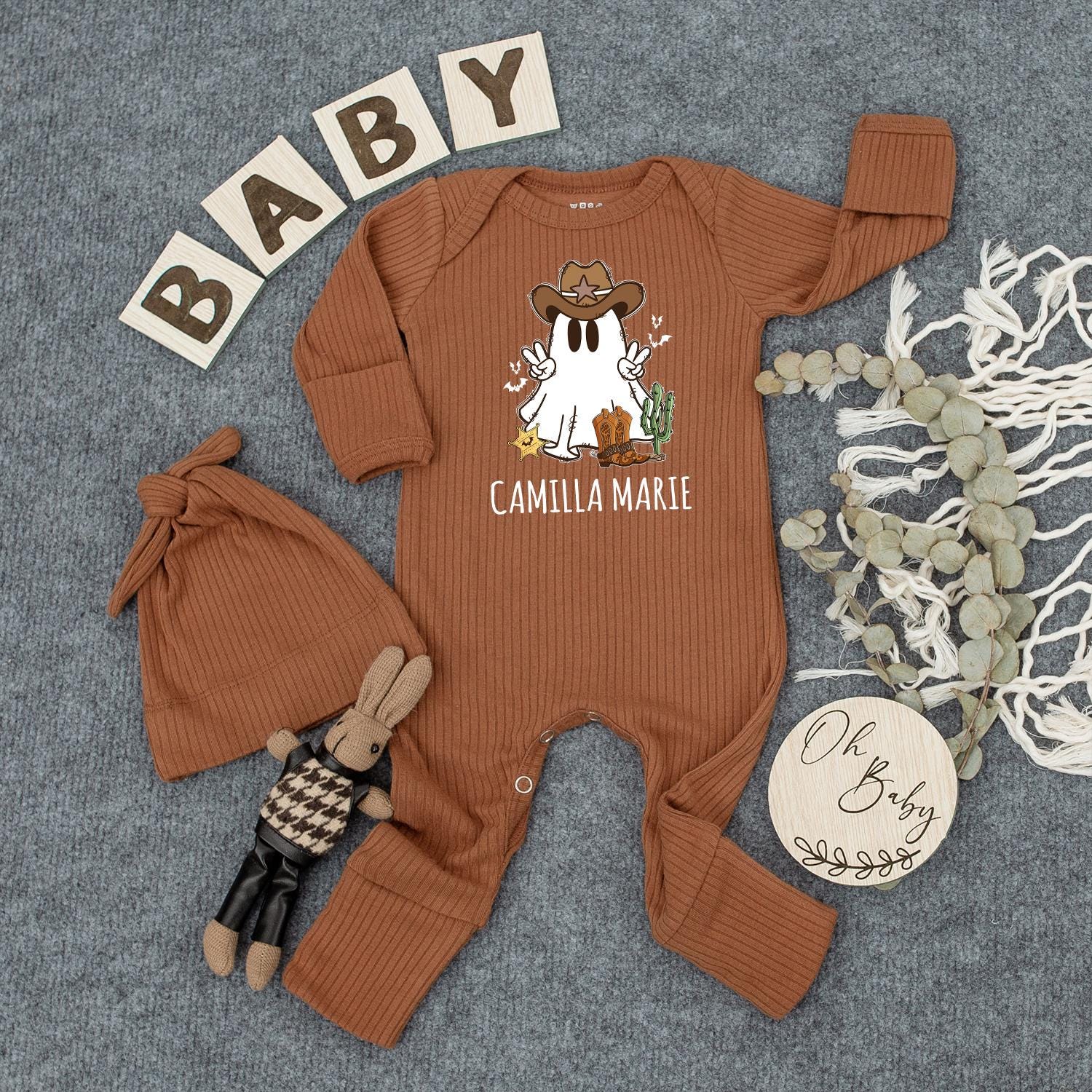 Ghost Cowboy Baby Bodysuit Personalized Infant Romper Jackson Cowboy Ghost Halloween Baby Outfit Newborn Gift