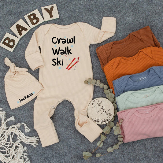 Crawl Walk Ski Personalized Baby Bodysuit Winter Outfit Cute Infant Romper for Baby Boy or Girl Custom Newborn Gift Set Christmas Present 137 chars