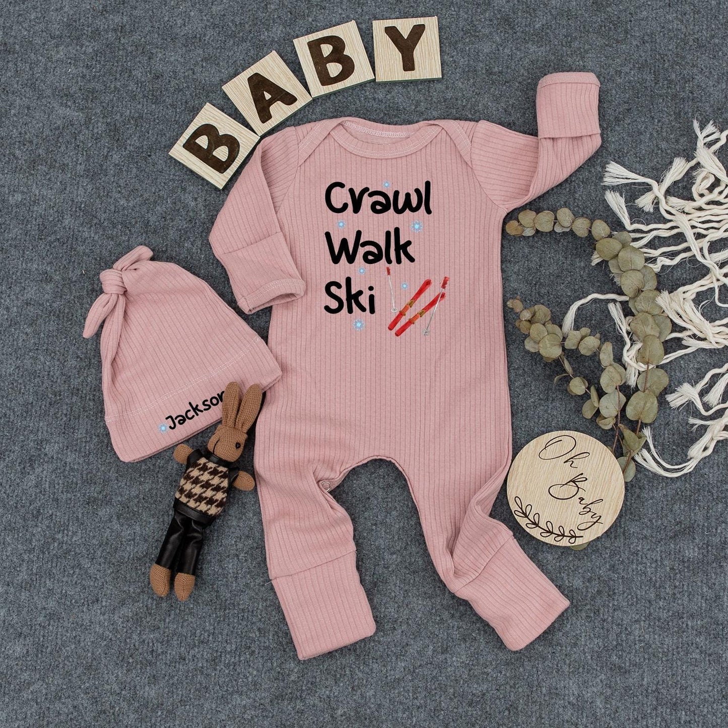 Crawl Walk Ski Personalized Baby Bodysuit Winter Outfit Cute Infant Romper for Baby Boy or Girl Custom Newborn Gift Set Christmas Present 137 chars