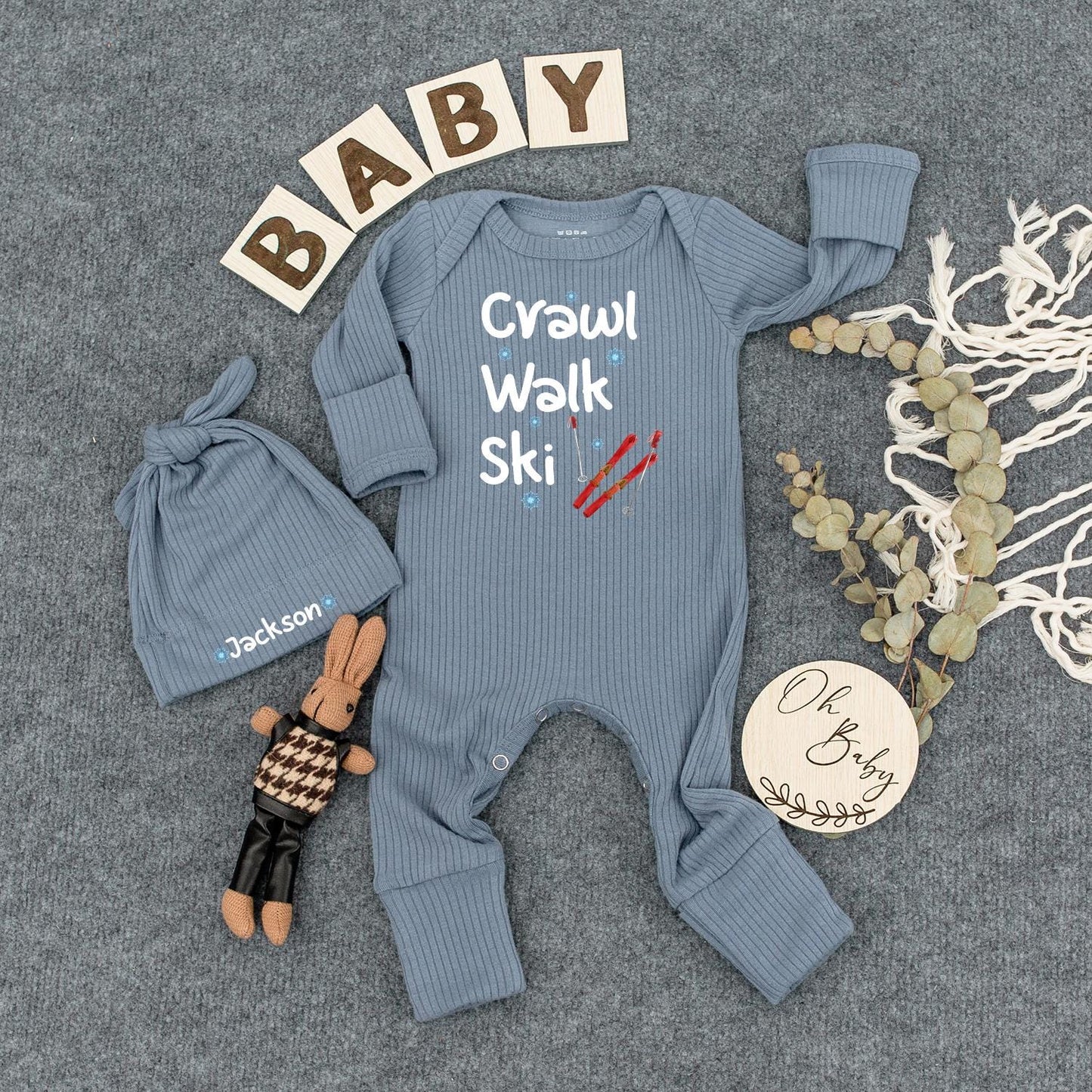 Crawl Walk Ski Personalized Baby Bodysuit Winter Outfit Cute Infant Romper for Baby Boy or Girl Custom Newborn Gift Set Christmas Present 137 chars