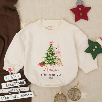 Amelia's First Christmas 2025 Bubble Romper Pink Bunny Watercolor Baby Girl Holiday Outfit Cute Infant Toddler Xmas Gift