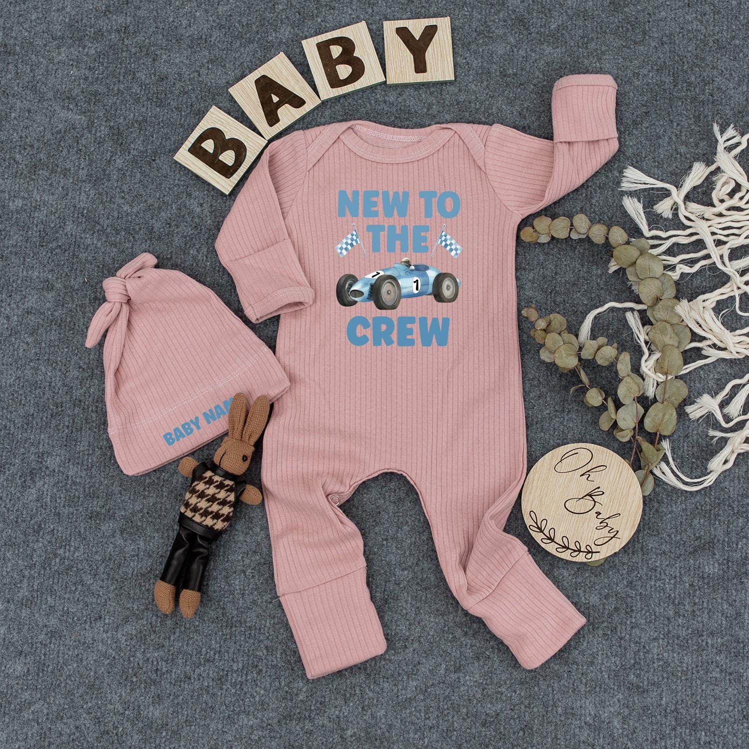 New To The Crew Racing Baby Bodysuit, Custom Name Infant Outfit, Blue Race Car Romper, #1 Newborn Coming Home Gift, Checkered Flag Clothes 137