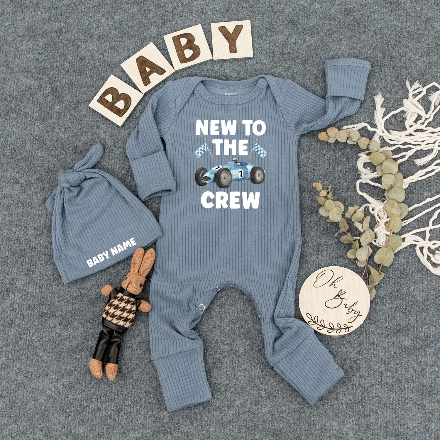 New To The Crew Racing Baby Bodysuit, Custom Name Infant Outfit, Blue Race Car Romper, #1 Newborn Coming Home Gift, Checkered Flag Clothes 137